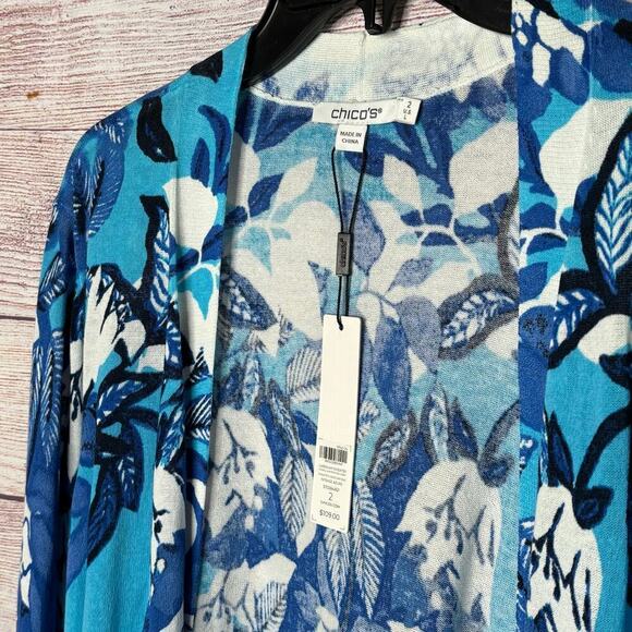 Chico's Blue & White Floral Open Front Long Sleeve Midi Cardigan Size Large New - Picture 3 of 12